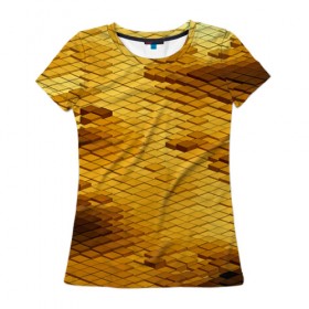 Женская футболка 3D с принтом gold bricks в Тюмени, 100% полиэфир ( синтетическое хлопкоподобное полотно) | прямой крой, круглый вырез горловины, длина до линии бедер | geometry | геометрия | грань | кубик | кубики | мозаика | ребро | текстура | тени