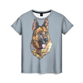 Женская футболка 3D с принтом Немецкая овчарка арт в Тюмени, 100% полиэфир ( синтетическое хлопкоподобное полотно) | прямой крой, круглый вырез горловины, длина до линии бедер | домашние животные | овчарка | пес | собака