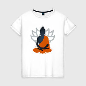 Женская футболка хлопок с принтом Лотос и Будда в Тюмени, 100% хлопок | прямой крой, круглый вырез горловины, длина до линии бедер, слегка спущенное плечо | Тематика изображения на принте: будда | буддизм | лотос | оранжевый | символ | цветок