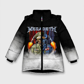 Зимняя куртка для девочек 3D с принтом Megadeth в Тюмени, ткань верха — 100% полиэстер; подклад — 100% полиэстер, утеплитель — 100% полиэстер. | длина ниже бедра, удлиненная спинка, воротник стойка и отстегивающийся капюшон. Есть боковые карманы с листочкой на кнопках, утяжки по низу изделия и внутренний карман на молнии. 

Предусмотрены светоотражающий принт на спинке, радужный светоотражающий элемент на пуллере молнии и на резинке для утяжки. | megadet | megadeth | группа | дирк вербурен | дэвид эллефсон | дэйв мастейн | кико лоурейро | мегадет | мегадетх | метал | рок | трэш | трэшметал | тяжелый | хард | хардрок | хеви | хевиметал