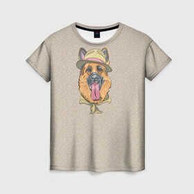 Женская футболка 3D с принтом Немецкая овчарка в шляпке в Тюмени, 100% полиэфир ( синтетическое хлопкоподобное полотно) | прямой крой, круглый вырез горловины, длина до линии бедер | домашние животные | овчарка | пес | собака