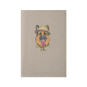 Обложка для паспорта матовая кожа с принтом Немецкая овчарка в шляпке в Тюмени, натуральная матовая кожа | размер 19,3 х 13,7 см; прозрачные пластиковые крепления | Тематика изображения на принте: домашние животные | овчарка | пес | собака