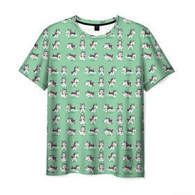 Мужская футболка 3D с принтом Веселые хаски в Тюмени, 100% полиэфир | прямой крой, круглый вырез горловины, длина до линии бедер | Тематика изображения на принте: домашние животные | пес | песик | собака | собачка | хаски