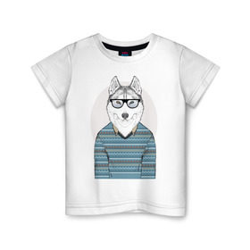 Детская футболка хлопок с принтом Хаски в свитере в Тюмени, 100% хлопок | круглый вырез горловины, полуприлегающий силуэт, длина до линии бедер | домашние животные | пес | песик | собака | собачка | хаски