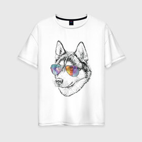 Женская футболка хлопок Oversize с принтом Хаски в очках в Тюмени, 100% хлопок | свободный крой, круглый ворот, спущенный рукав, длина до линии бедер
 | бандит | домашние животные | пес | песик | собака | собачка | хаски | хаски бандит