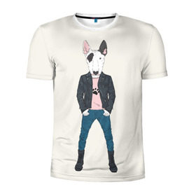 Мужская футболка 3D спортивная с принтом Бультерьер в косухе в Тюмени, 100% полиэстер с улучшенными характеристиками | приталенный силуэт, круглая горловина, широкие плечи, сужается к линии бедра | Тематика изображения на принте: домашние животные | пес | собака