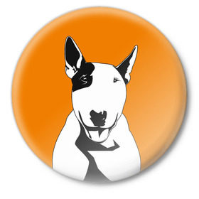 Значок с принтом Солнечнй бультерьер в Тюмени,  металл | круглая форма, металлическая застежка в виде булавки | Тематика изображения на принте: бультерьер | домашние животные | пес | песик | собака | собачка