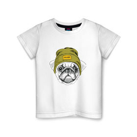 Детская футболка хлопок с принтом Мопсик в шапочке в Тюмени, 100% хлопок | круглый вырез горловины, полуприлегающий силуэт, длина до линии бедер | Тематика изображения на принте: домашние животные | пес | собака | хипстер