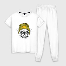 Женская пижама хлопок с принтом Мопсик в шапочке в Тюмени, 100% хлопок | брюки и футболка прямого кроя, без карманов, на брюках мягкая резинка на поясе и по низу штанин | домашние животные | пес | собака | хипстер