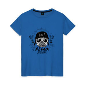 Женская футболка хлопок с принтом Repair garage в Тюмени, 100% хлопок | прямой крой, круглый вырез горловины, длина до линии бедер, слегка спущенное плечо | домашние животные | мопс | пес | песик | собака | собачка