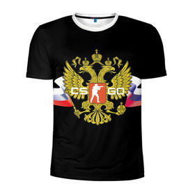 Мужская футболка 3D спортивная с принтом CS GO RUSSIAN TEAM в Тюмени, 100% полиэстер с улучшенными характеристиками | приталенный силуэт, круглая горловина, широкие плечи, сужается к линии бедра | Тематика изображения на принте: global offensive | герб | россия | флаг