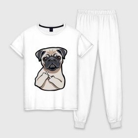 Женская пижама хлопок с принтом Злой мопс в Тюмени, 100% хлопок | брюки и футболка прямого кроя, без карманов, на брюках мягкая резинка на поясе и по низу штанин | домашние животные | мопс | пес | песик | собака | собачка