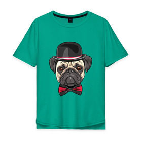 Мужская футболка хлопок Oversize с принтом Мопсик в цилиндре в Тюмени, 100% хлопок | свободный крой, круглый ворот, “спинка” длиннее передней части | домашние животные | мопс | пес | песик | собака | собачка