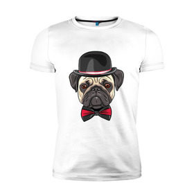 Мужская футболка премиум с принтом Мопсик в цилиндре в Тюмени, 92% хлопок, 8% лайкра | приталенный силуэт, круглый вырез ворота, длина до линии бедра, короткий рукав | домашние животные | мопс | пес | песик | собака | собачка