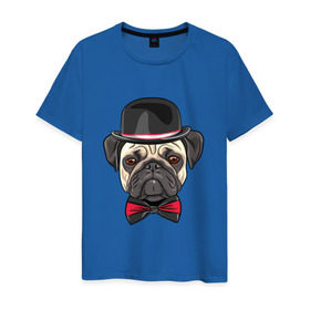 Мужская футболка хлопок с принтом Мопсик в цилиндре в Тюмени, 100% хлопок | прямой крой, круглый вырез горловины, длина до линии бедер, слегка спущенное плечо. | Тематика изображения на принте: домашние животные | мопс | пес | песик | собака | собачка