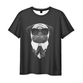 Мужская футболка 3D с принтом Мопс в черном в Тюмени, 100% полиэфир | прямой крой, круглый вырез горловины, длина до линии бедер | домашние животные | мопс | пес | песик | собака | собачка