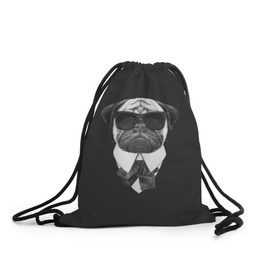 Рюкзак-мешок 3D с принтом Мопс в черном в Тюмени, 100% полиэстер | плотность ткани — 200 г/м2, размер — 35 х 45 см; лямки — толстые шнурки, застежка на шнуровке, без карманов и подкладки | домашние животные | мопс | пес | песик | собака | собачка