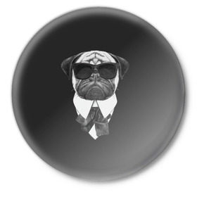Значок с принтом Мопс в черном в Тюмени,  металл | круглая форма, металлическая застежка в виде булавки | Тематика изображения на принте: домашние животные | мопс | пес | песик | собака | собачка