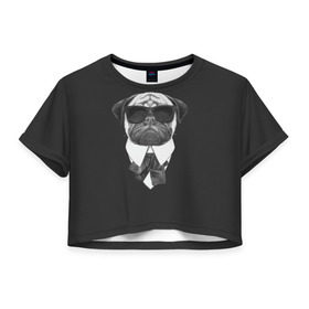 Женская футболка 3D укороченная с принтом Мопс в черном в Тюмени, 100% полиэстер | круглая горловина, длина футболки до линии талии, рукава с отворотами | домашние животные | мопс | пес | песик | собака | собачка