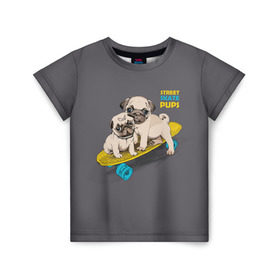 Детская футболка 3D с принтом Street skate PUPS в Тюмени, 100% гипоаллергенный полиэфир | прямой крой, круглый вырез горловины, длина до линии бедер, чуть спущенное плечо, ткань немного тянется | Тематика изображения на принте: домашние животные | мопс | пес | песик | собака | собачка