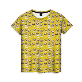Женская футболка 3D с принтом Мопсики в Тюмени, 100% полиэфир ( синтетическое хлопкоподобное полотно) | прямой крой, круглый вырез горловины, длина до линии бедер | домашние животные | мопс | пес | собака