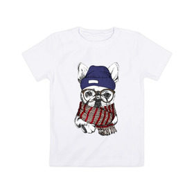Детская футболка хлопок с принтом Бултдог в шарфике в Тюмени, 100% хлопок | круглый вырез горловины, полуприлегающий силуэт, длина до линии бедер | бульдог | домашние животные | пес | песик | собака | собачка | французский бульдог
