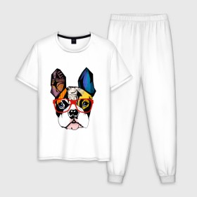 Мужская пижама хлопок с принтом Лоскутный бульдог в Тюмени, 100% хлопок | брюки и футболка прямого кроя, без карманов, на брюках мягкая резинка на поясе и по низу штанин
 | бульдог | домашние животные | пес | песик | собака | собачка | французский бульдог