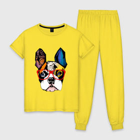 Женская пижама хлопок с принтом Лоскутный бульдог в Тюмени, 100% хлопок | брюки и футболка прямого кроя, без карманов, на брюках мягкая резинка на поясе и по низу штанин | бульдог | домашние животные | пес | песик | собака | собачка | французский бульдог
