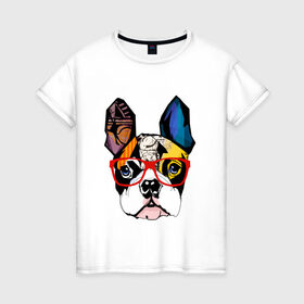 Женская футболка хлопок с принтом Лоскутный мопс в Тюмени, 100% хлопок | прямой крой, круглый вырез горловины, длина до линии бедер, слегка спущенное плечо | бульдог | домашние животные | пес | песик | собака | собачка | французский бульдог