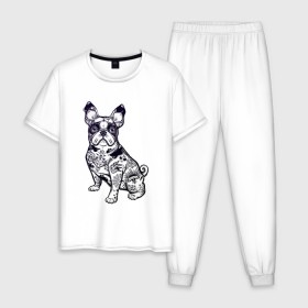 Мужская пижама хлопок с принтом Суровый бульдог в Тюмени, 100% хлопок | брюки и футболка прямого кроя, без карманов, на брюках мягкая резинка на поясе и по низу штанин
 | бульдог | домашние животные | пес | песик | собака | собачка | французский бульдог