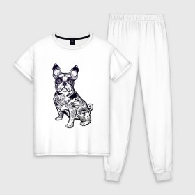 Женская пижама хлопок с принтом Суровый бульдог в Тюмени, 100% хлопок | брюки и футболка прямого кроя, без карманов, на брюках мягкая резинка на поясе и по низу штанин | бульдог | домашние животные | пес | песик | собака | собачка | французский бульдог