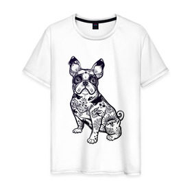 Мужская футболка хлопок с принтом Суровый бульдог в Тюмени, 100% хлопок | прямой крой, круглый вырез горловины, длина до линии бедер, слегка спущенное плечо. | Тематика изображения на принте: бульдог | домашние животные | пес | песик | собака | собачка | французский бульдог