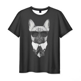 Мужская футболка 3D с принтом Бульдог в черном в Тюмени, 100% полиэфир | прямой крой, круглый вырез горловины, длина до линии бедер | бульдог | домашние животные | пес | песик | собака | собачка | французский бульдог