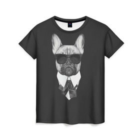 Женская футболка 3D с принтом Бульдог в черном в Тюмени, 100% полиэфир ( синтетическое хлопкоподобное полотно) | прямой крой, круглый вырез горловины, длина до линии бедер | бульдог | домашние животные | пес | песик | собака | собачка | французский бульдог