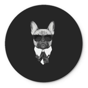 Коврик для мышки круглый с принтом Бульдог в черном в Тюмени, резина и полиэстер | круглая форма, изображение наносится на всю лицевую часть | бульдог | домашние животные | пес | песик | собака | собачка | французский бульдог