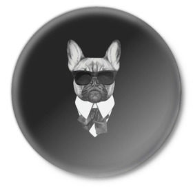 Значок с принтом Бульдог в черном в Тюмени,  металл | круглая форма, металлическая застежка в виде булавки | бульдог | домашние животные | пес | песик | собака | собачка | французский бульдог