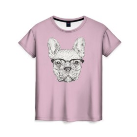 Женская футболка 3D с принтом Бульдог в очках в Тюмени, 100% полиэфир ( синтетическое хлопкоподобное полотно) | прямой крой, круглый вырез горловины, длина до линии бедер | бульдог | домашние животные | пес | песик | собака | собачка | французский бульдог