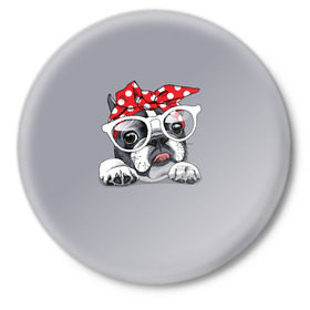 Значок с принтом Бульдог в очках_2 в Тюмени,  металл | круглая форма, металлическая застежка в виде булавки | бульдог | домашние животные | пес | песик | собака | собачка | французский бульдог
