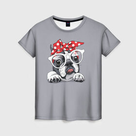 Женская футболка 3D с принтом Бульдог в очках_2 в Тюмени, 100% полиэфир ( синтетическое хлопкоподобное полотно) | прямой крой, круглый вырез горловины, длина до линии бедер | бульдог | домашние животные | пес | песик | собака | собачка | французский бульдог