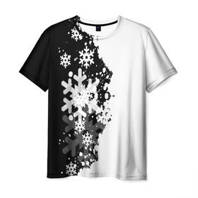 Мужская футболка 3D с принтом Снежные узоры в Тюмени, 100% полиэфир | прямой крой, круглый вырез горловины, длина до линии бедер | black | christmas | new year | pattern | white | абстракция | зима | новый год | рождество | снег | снежинки | узор | черно белые