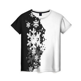 Женская футболка 3D с принтом Снежные узоры в Тюмени, 100% полиэфир ( синтетическое хлопкоподобное полотно) | прямой крой, круглый вырез горловины, длина до линии бедер | black | christmas | new year | pattern | white | абстракция | зима | новый год | рождество | снег | снежинки | узор | черно белые