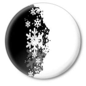 Значок с принтом Снежные узоры в Тюмени,  металл | круглая форма, металлическая застежка в виде булавки | black | christmas | new year | pattern | white | абстракция | зима | новый год | рождество | снег | снежинки | узор | черно белые