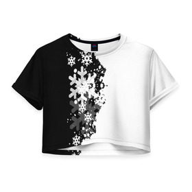 Женская футболка 3D укороченная с принтом Снежные узоры в Тюмени, 100% полиэстер | круглая горловина, длина футболки до линии талии, рукава с отворотами | black | christmas | new year | pattern | white | абстракция | зима | новый год | рождество | снег | снежинки | узор | черно белые