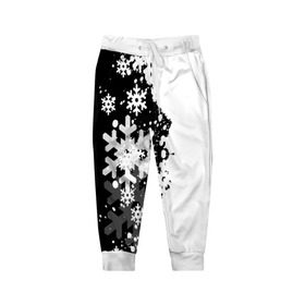 Детские брюки 3D с принтом Снежные узоры в Тюмени, 100% полиэстер | манжеты по низу, эластичный пояс регулируется шнурком, по бокам два кармана без застежек, внутренняя часть кармана из мелкой сетки | black | christmas | new year | pattern | white | абстракция | зима | новый год | рождество | снег | снежинки | узор | черно белые