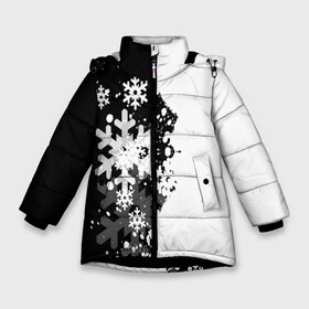 Зимняя куртка для девочек 3D с принтом Снежные узоры в Тюмени, ткань верха — 100% полиэстер; подклад — 100% полиэстер, утеплитель — 100% полиэстер. | длина ниже бедра, удлиненная спинка, воротник стойка и отстегивающийся капюшон. Есть боковые карманы с листочкой на кнопках, утяжки по низу изделия и внутренний карман на молнии. 

Предусмотрены светоотражающий принт на спинке, радужный светоотражающий элемент на пуллере молнии и на резинке для утяжки. | black | christmas | new year | pattern | white | абстракция | зима | новый год | рождество | снег | снежинки | узор | черно белые