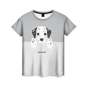 Женская футболка 3D с принтом Dalmatian Puppy в Тюмени, 100% полиэфир ( синтетическое хлопкоподобное полотно) | прямой крой, круглый вырез горловины, длина до линии бедер | далматин | далматинец | домашние животные | пес | песик | собака | собачка | терьер | шпиц