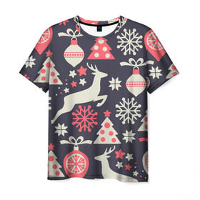 Мужская футболка 3D с принтом Зимние фантазии в Тюмени, 100% полиэфир | прямой крой, круглый вырез горловины, длина до линии бедер | елка | елочные игрушки | новый год | олень | снег | снежинки