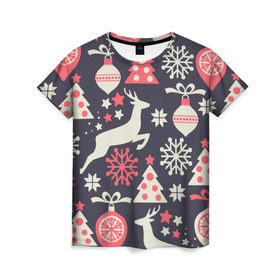 Женская футболка 3D с принтом Зимние фантазии в Тюмени, 100% полиэфир ( синтетическое хлопкоподобное полотно) | прямой крой, круглый вырез горловины, длина до линии бедер | елка | елочные игрушки | новый год | олень | снег | снежинки