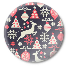Значок с принтом Зимние фантазии в Тюмени,  металл | круглая форма, металлическая застежка в виде булавки | елка | елочные игрушки | новый год | олень | снег | снежинки