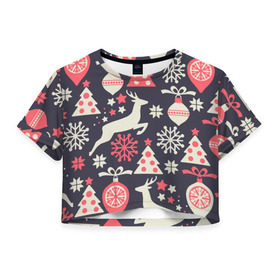 Женская футболка 3D укороченная с принтом Зимние фантазии в Тюмени, 100% полиэстер | круглая горловина, длина футболки до линии талии, рукава с отворотами | елка | елочные игрушки | новый год | олень | снег | снежинки